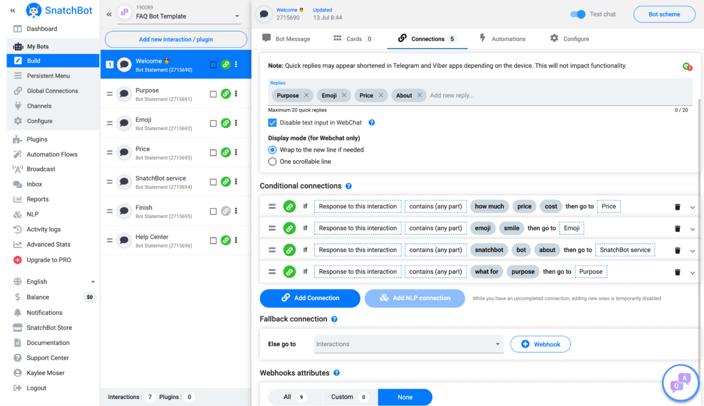 A screenshot of SnatchBot’s bot builder. Builder has a tree-like structure spread across three panels: the main menu, the bot’s content, and the working space, where the user, among other things, configures conditional connections for each flow