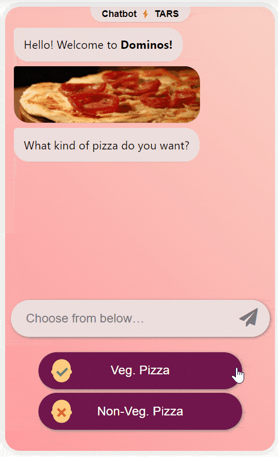 A GIF illustrates ordering pizza through a chatbot. The chatbot collects the customer's name, address, and pizza preferences. For some questions, the customer has to type in the answer, while for others, they can select it from the list, for example, the specific pizza matching their request for non-vegetarian options.