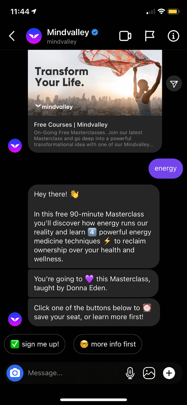 The screenshot shows a conversation between a customer and Mindvalley’s chatbot. When the chatbot offers course options, the customer types in “energy.” The chatbot returns info about a free 90-minute masterclass, prompting the customer to sign up.