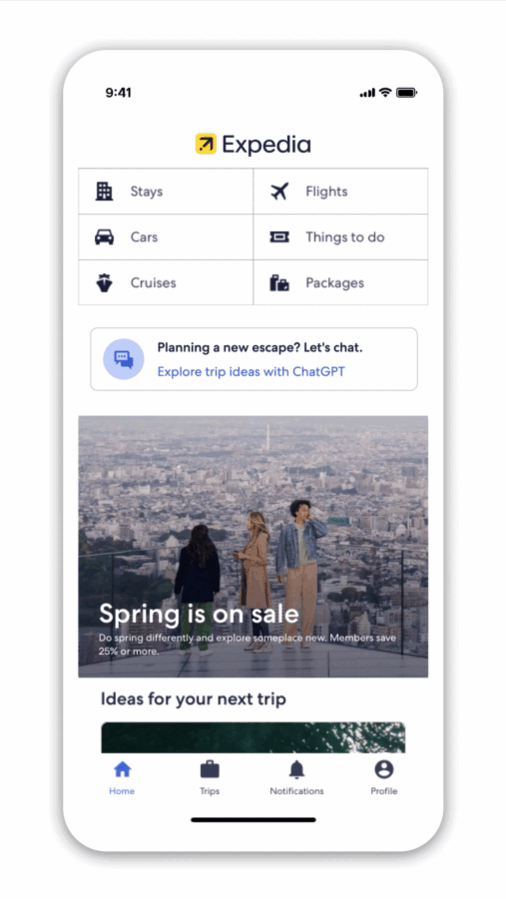 A user asks for various advice on their honeymoon trip to Hawaii: which island to pick, whether April is good for surfing, and what hotel to book. The bot then saves the hotel recommendations in the “My trips” section of the app.
