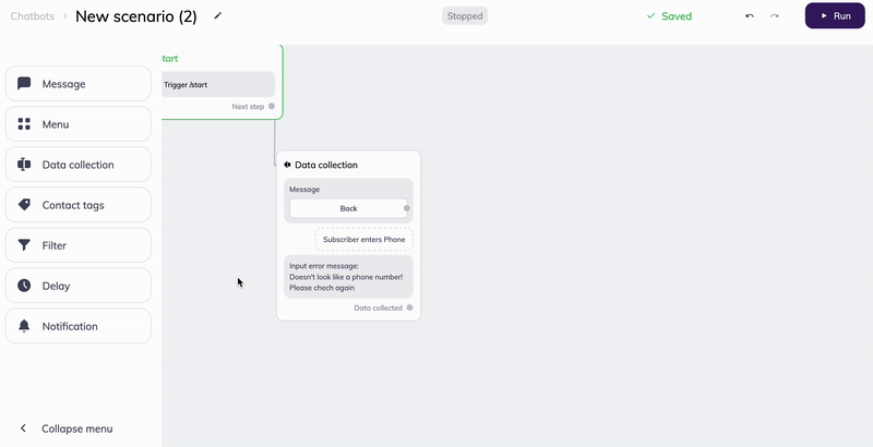 Selzy’s chatbot builder. In two clicks, the notification block is selected, dragged over to the working space, and connected to the data collection block.