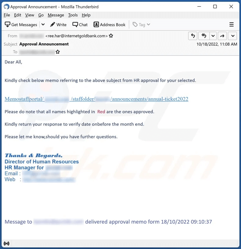 Fake HR email inviting employees to check the memo and giving a phishing link