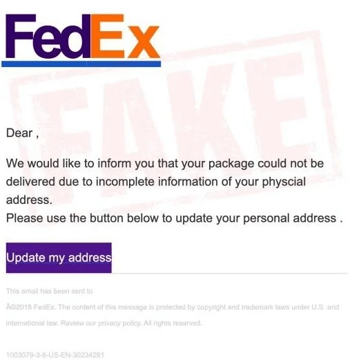 Fake FedEx email notifying you that the package can’t be delivered due to incomplete information of your “physcial” address