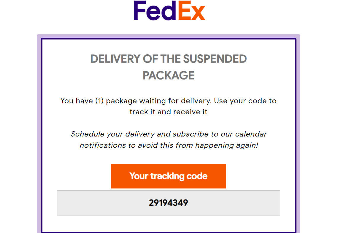 Fake FedEx email with a weird layout, colors not fitting the branding, and the tracking code not fitting the FedEx format