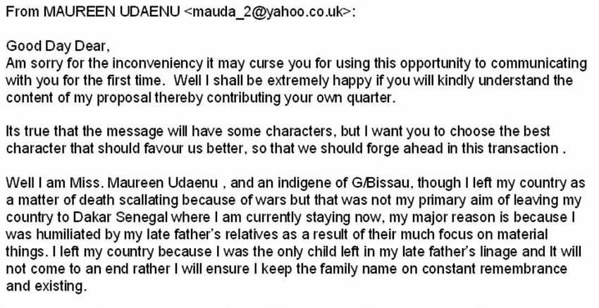 Nigerian prince scam email example