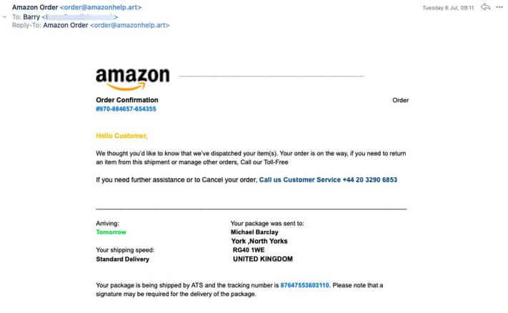 Amazon order confirmation scam email