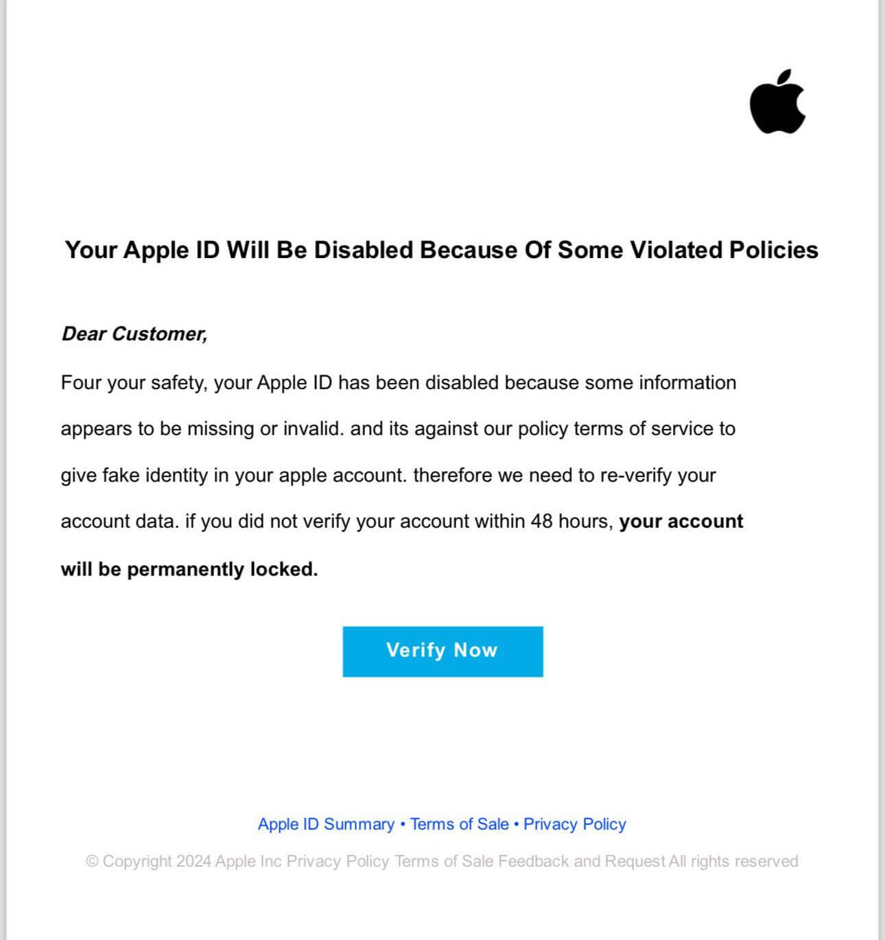 Apple scam email telling you that they disabled your Apple ID due to policy violation, asking you to verify the account