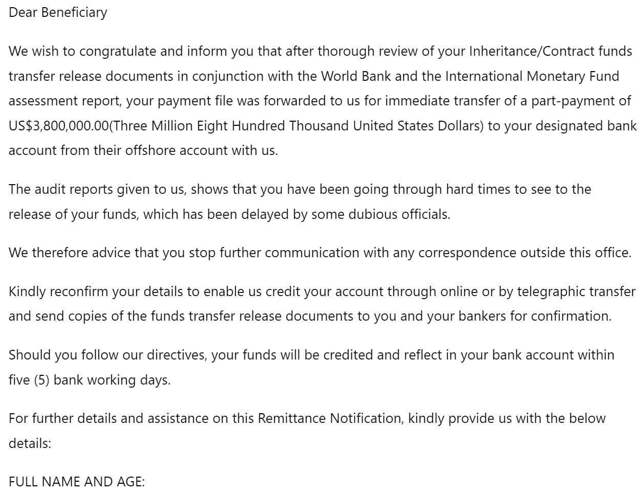 Beneficiary email scam example that promises a milion dollars transfered to your designated bank account