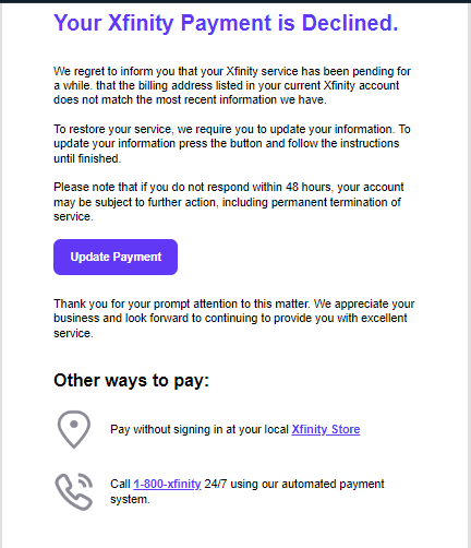 XFinity update the billing information scam email that is surprisingly well-written and looks convincing