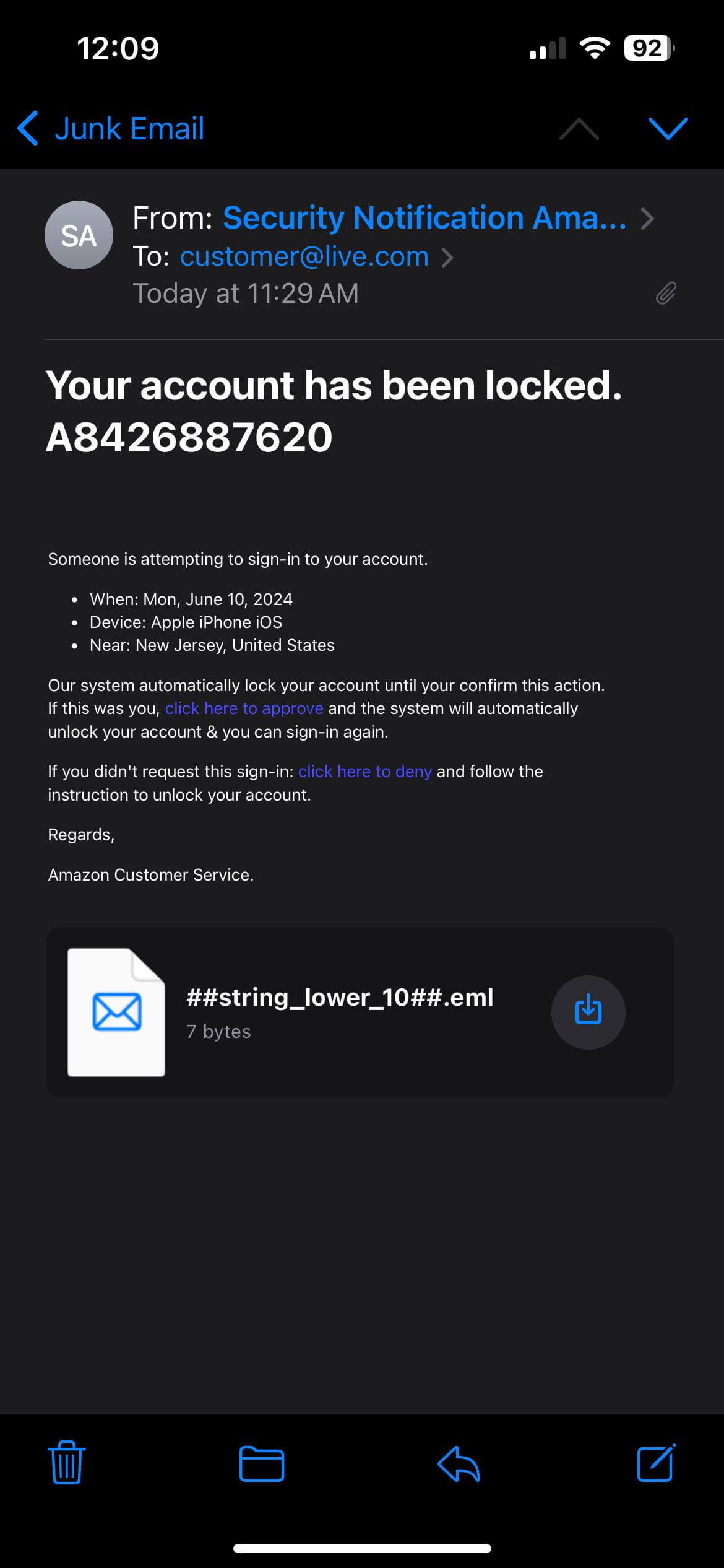 Spam email from Amazon claiming that the account has been locked and you need to take immediate action using an email hyperlink, which leads to a phishing website