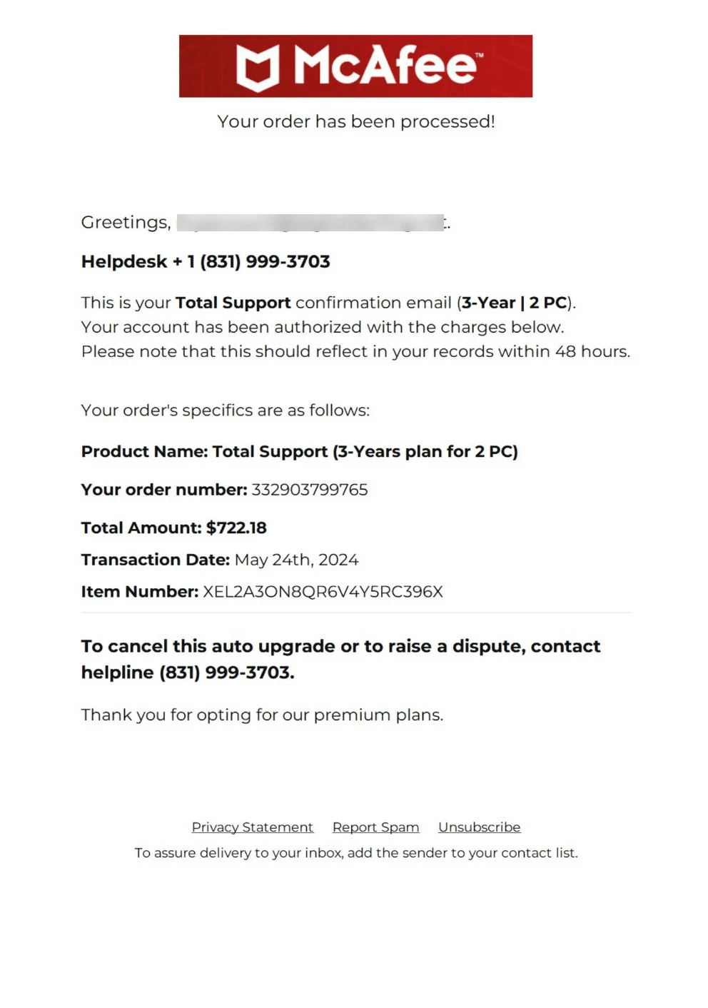 Fake McAfee email that confirms the alleged order that costs $722.18 and offers calling a helpline to cancel the auto upgrade