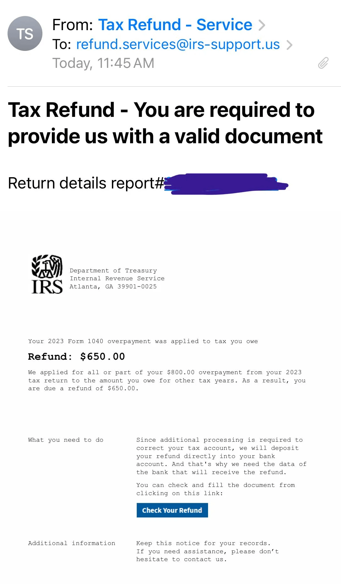 A fake IRS email promising a tax return of $650