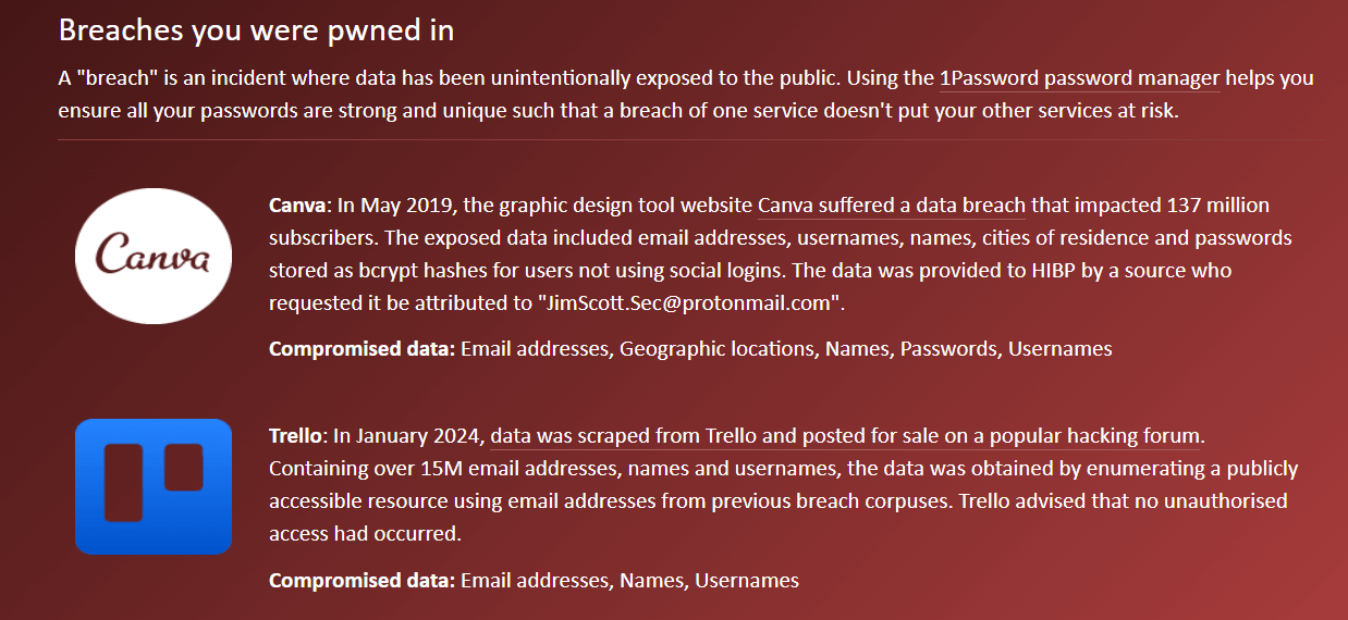 Have I Been Pwned? screenshot that shows the result of a check: Trello and Canva user data breaches are described