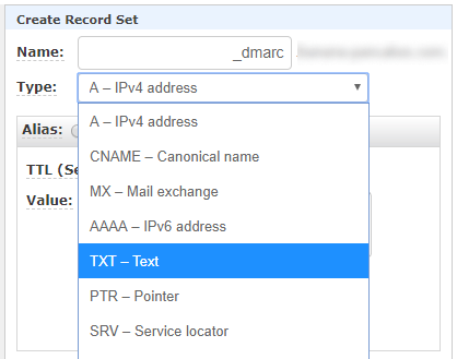 DNS record dialog window