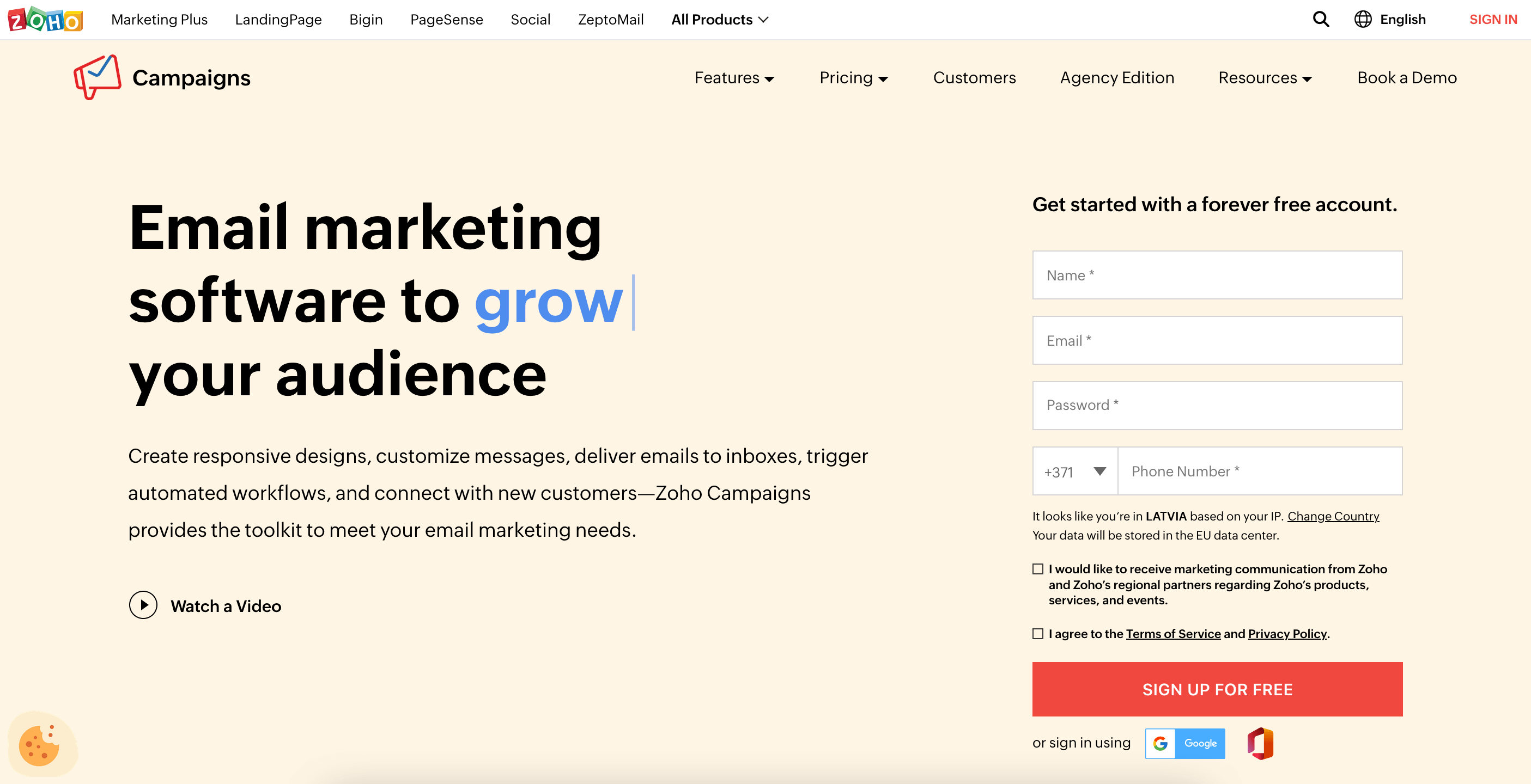 Zoho’s main page