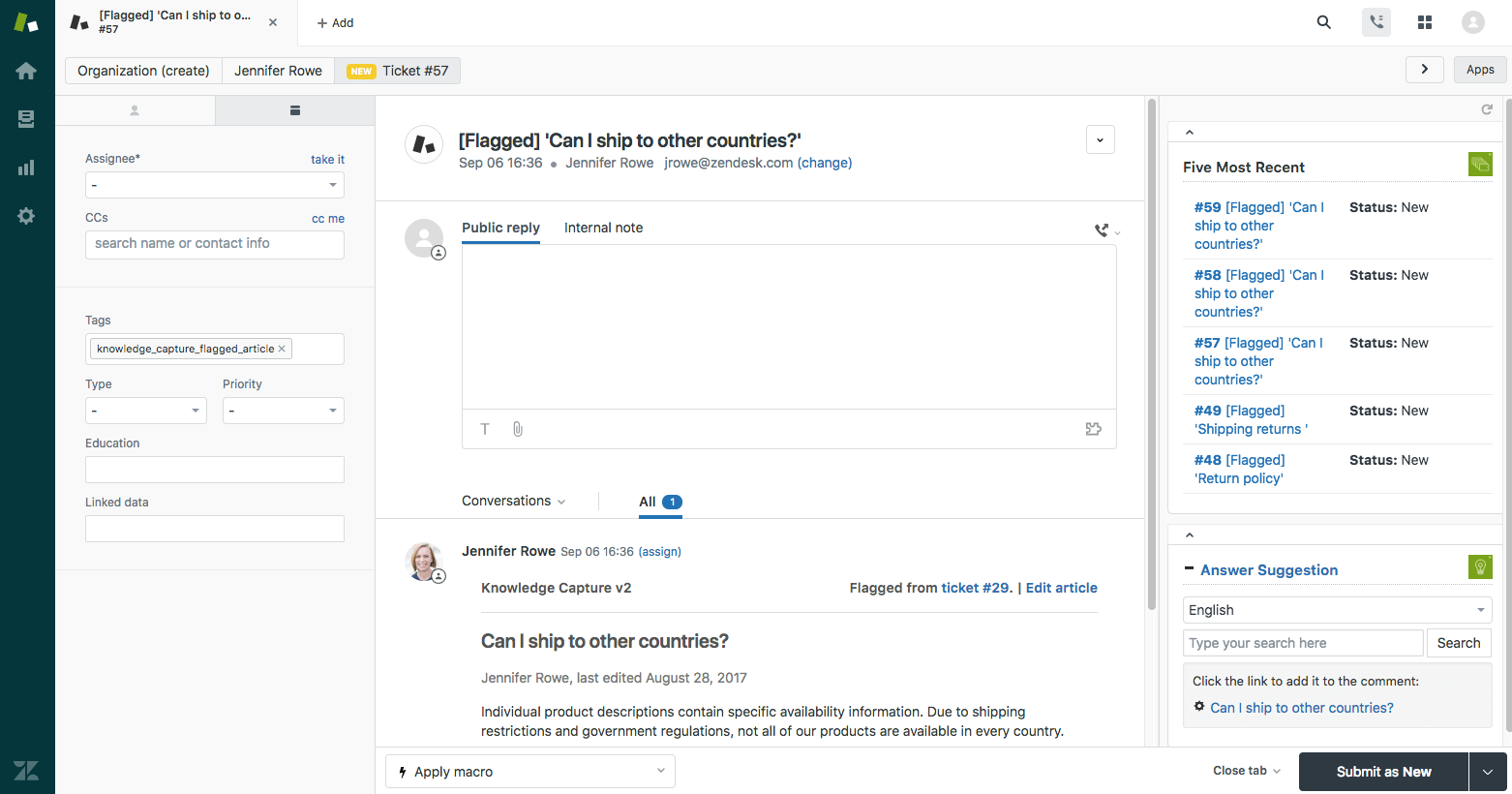 The customer support panel that Zendesk users have access to.