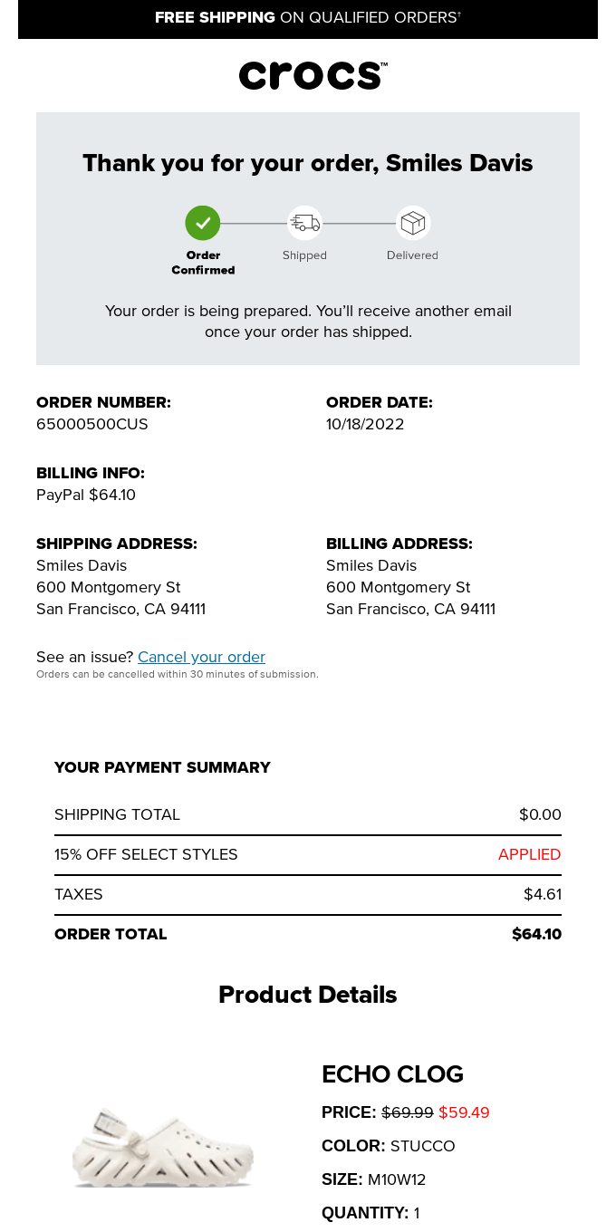 Example of transactional email detail