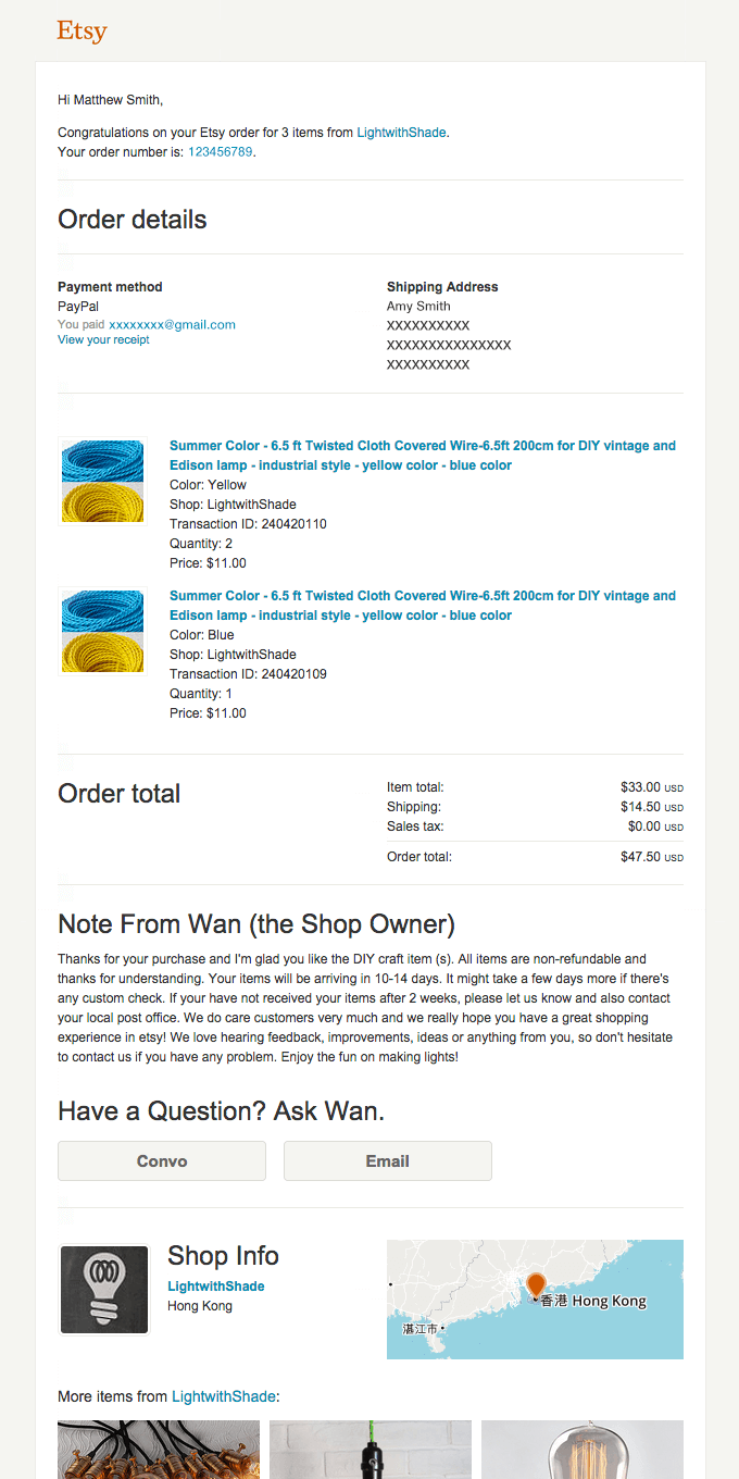 Order confirmation email example
