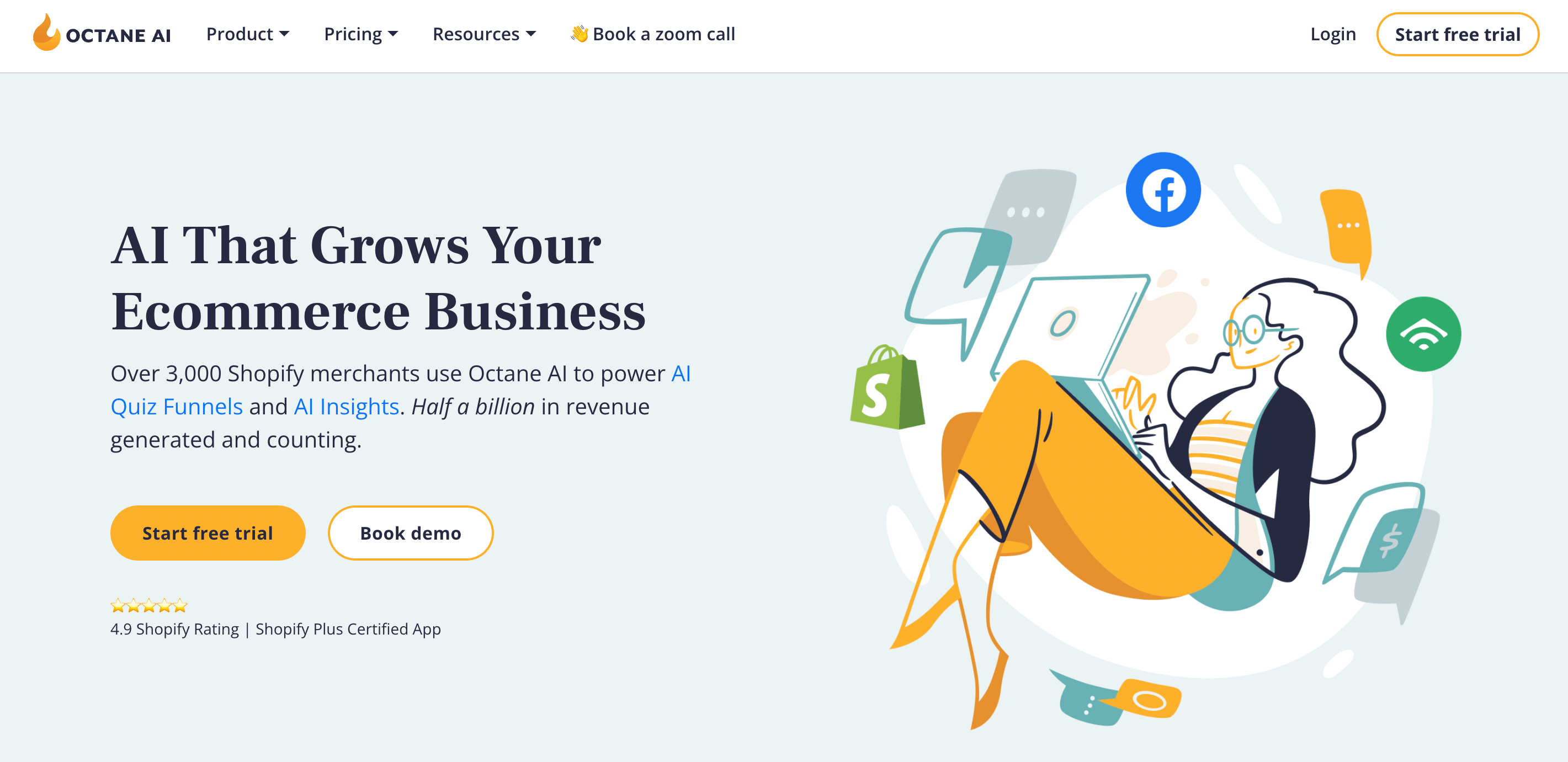 The Octane AI home page, featuring a headline that says, “AI that grows your e-commerce business.”