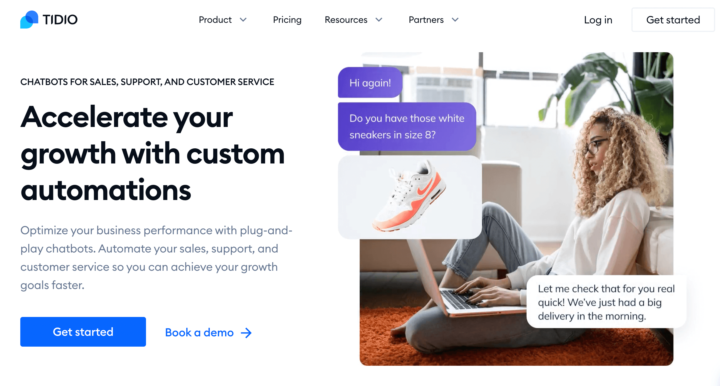 The Tidio home page, featuring a headline that says, “Accelerate your growth with custom automations.”
