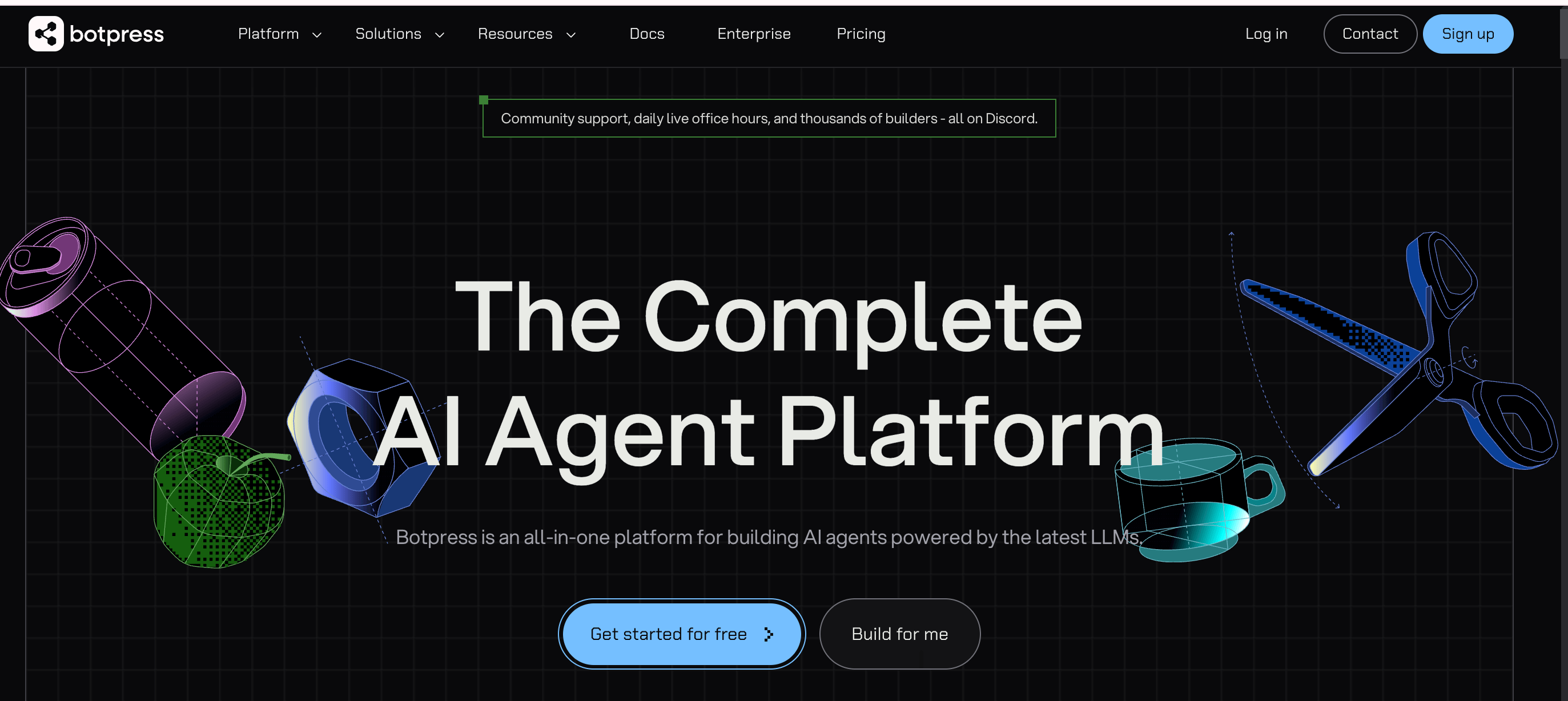 Botpress homepage with the slogan “The Complete AI Agent Platform”