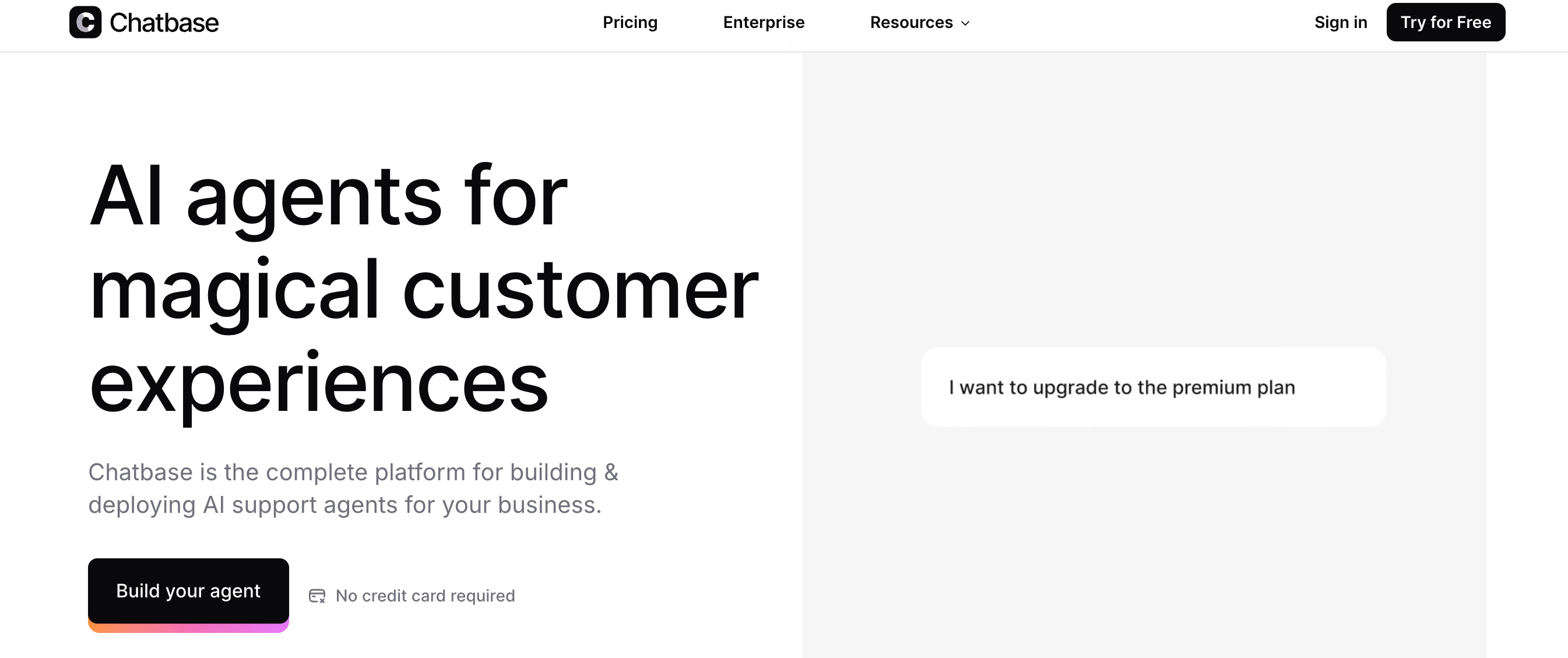 Chatbase's main page with the slogan “AI agents for magical customer experience”