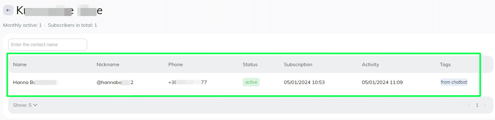 Selzy UI. A contact list populated with chatbot-acquired data.