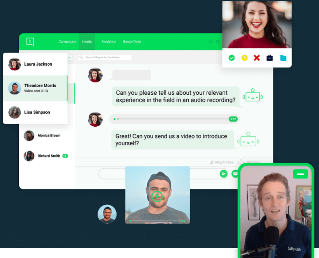 A Talkpush chatbot. First, the bot asks an applicant to tell about their experience in audio recording and then follows up with a request to send a video and introduce themselves.