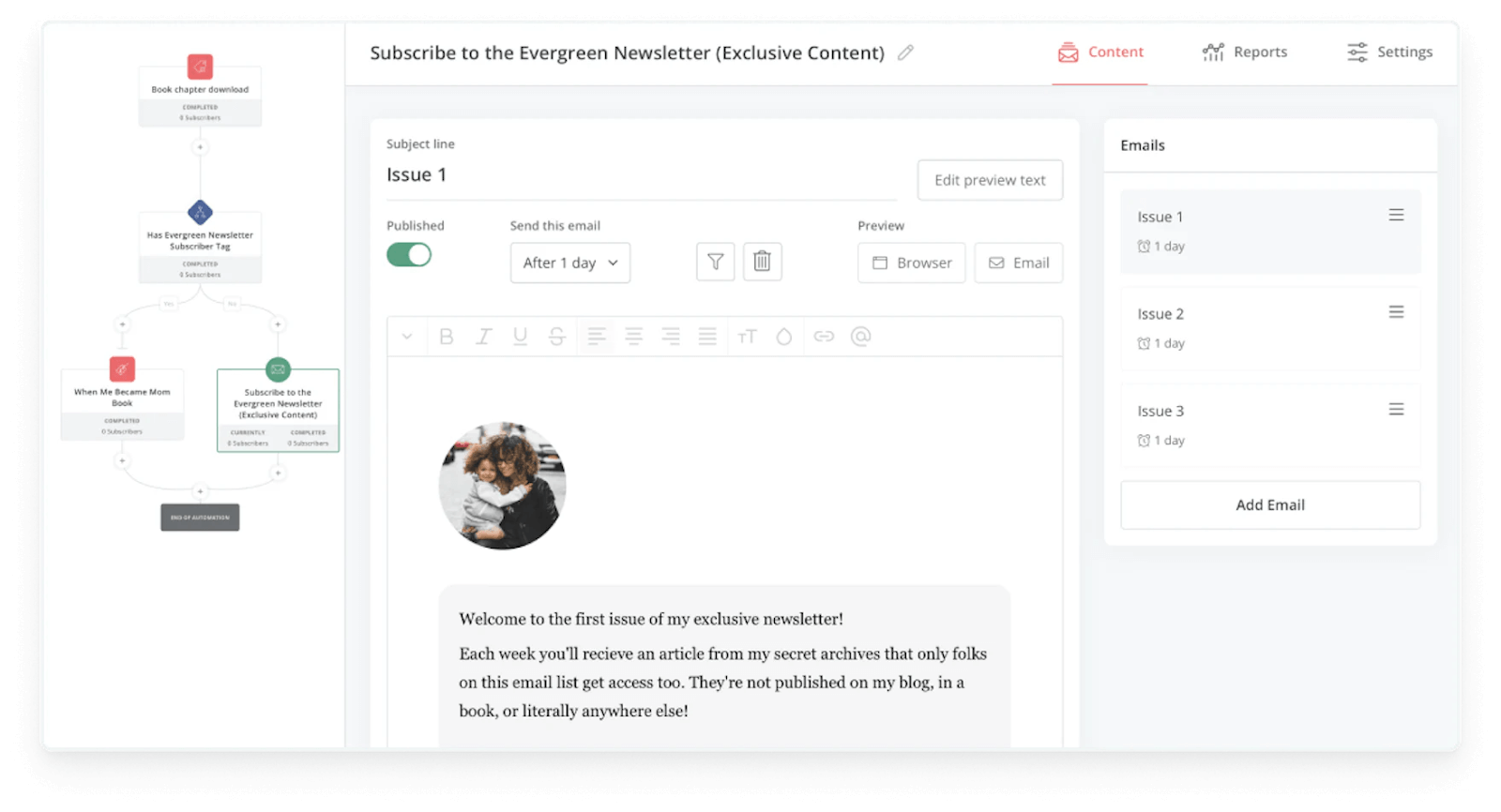 A preview of Kit’s email sequence setting process