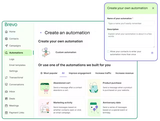 A preview of Brevo’s email automation tool. The preview features automation templates for various automation triggers.