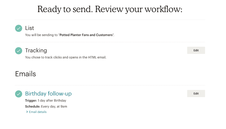 A preview of Mailchimp’s email automation service showcasing a Birthday follow-up rule