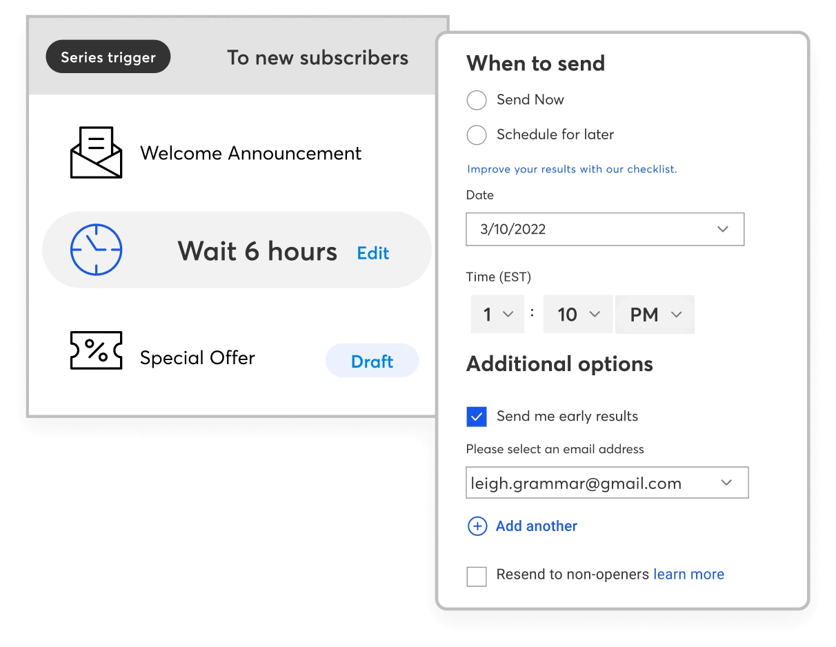 A preview of Constant Contact’s email automation tool. The preview showcases a welcome email setting process.