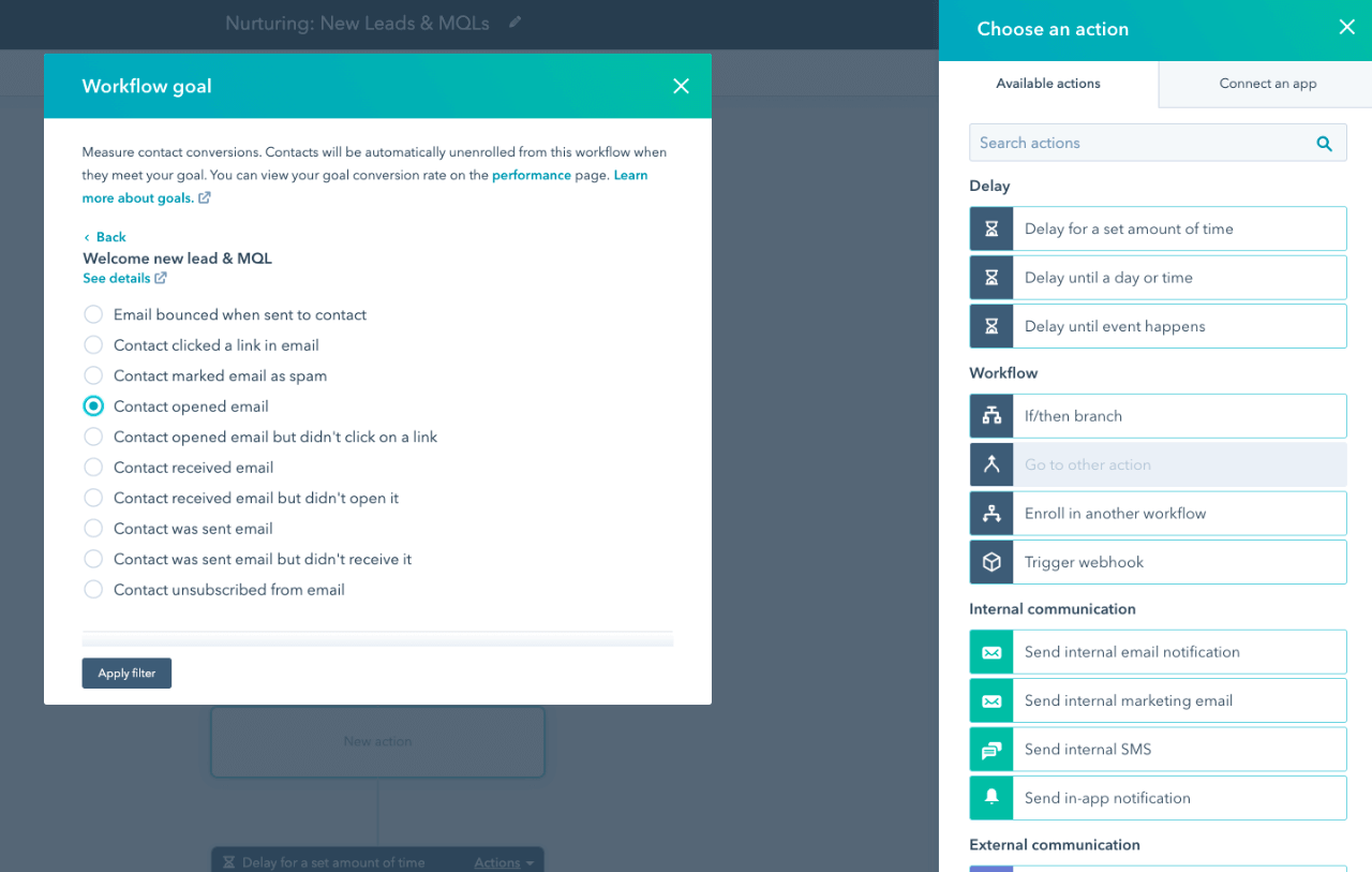 A preview of HubSpot’s email automation tool. The preview demonstrates the process of setting a workflow goal.