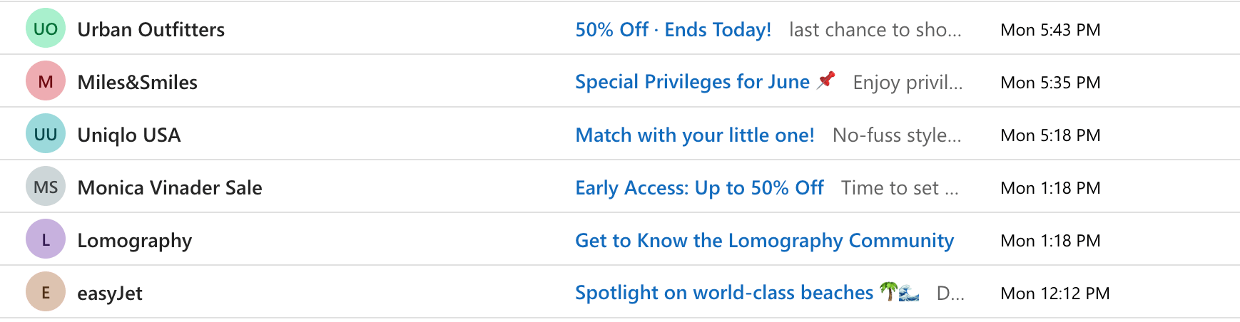 An inbox with unopened mass emails from different companies like easyJet, Uniqlo USA, and more