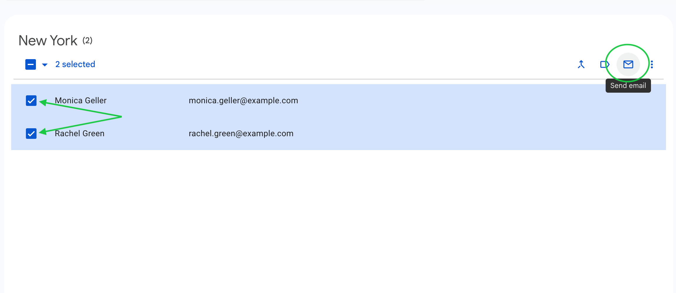 Google Contacts with two contacts selected and the email button highlighted