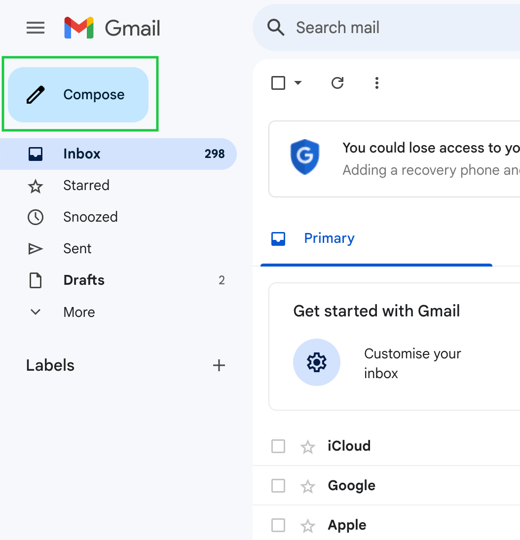 Gmail inbox screen with Compose button highlighted