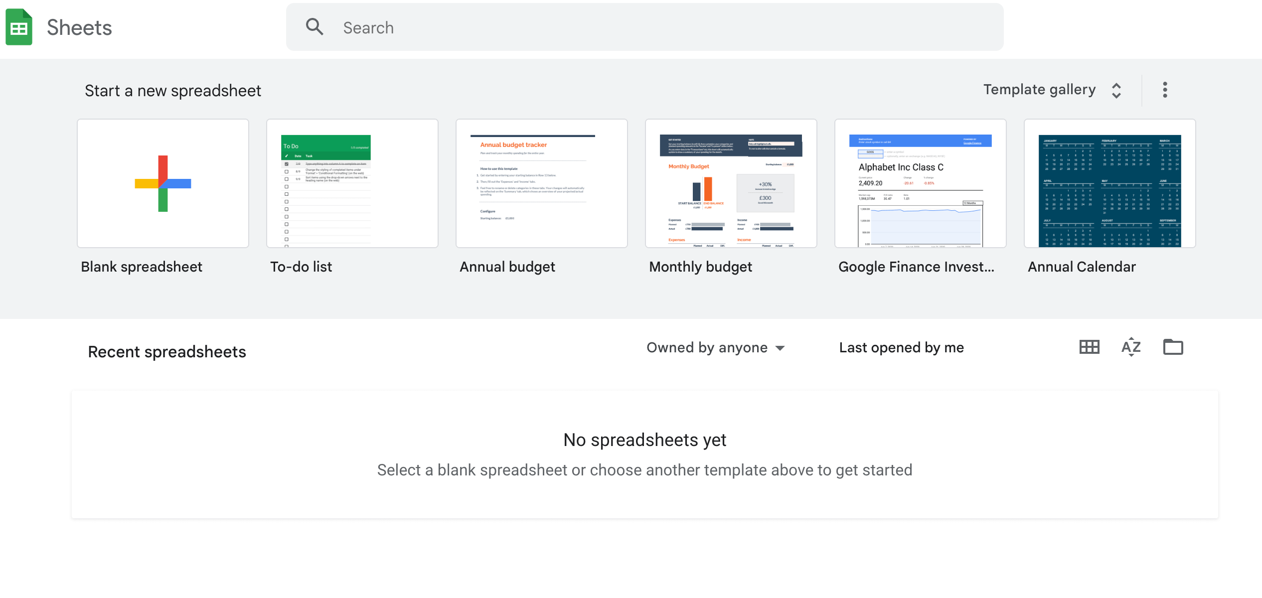 Google Sheets starting page