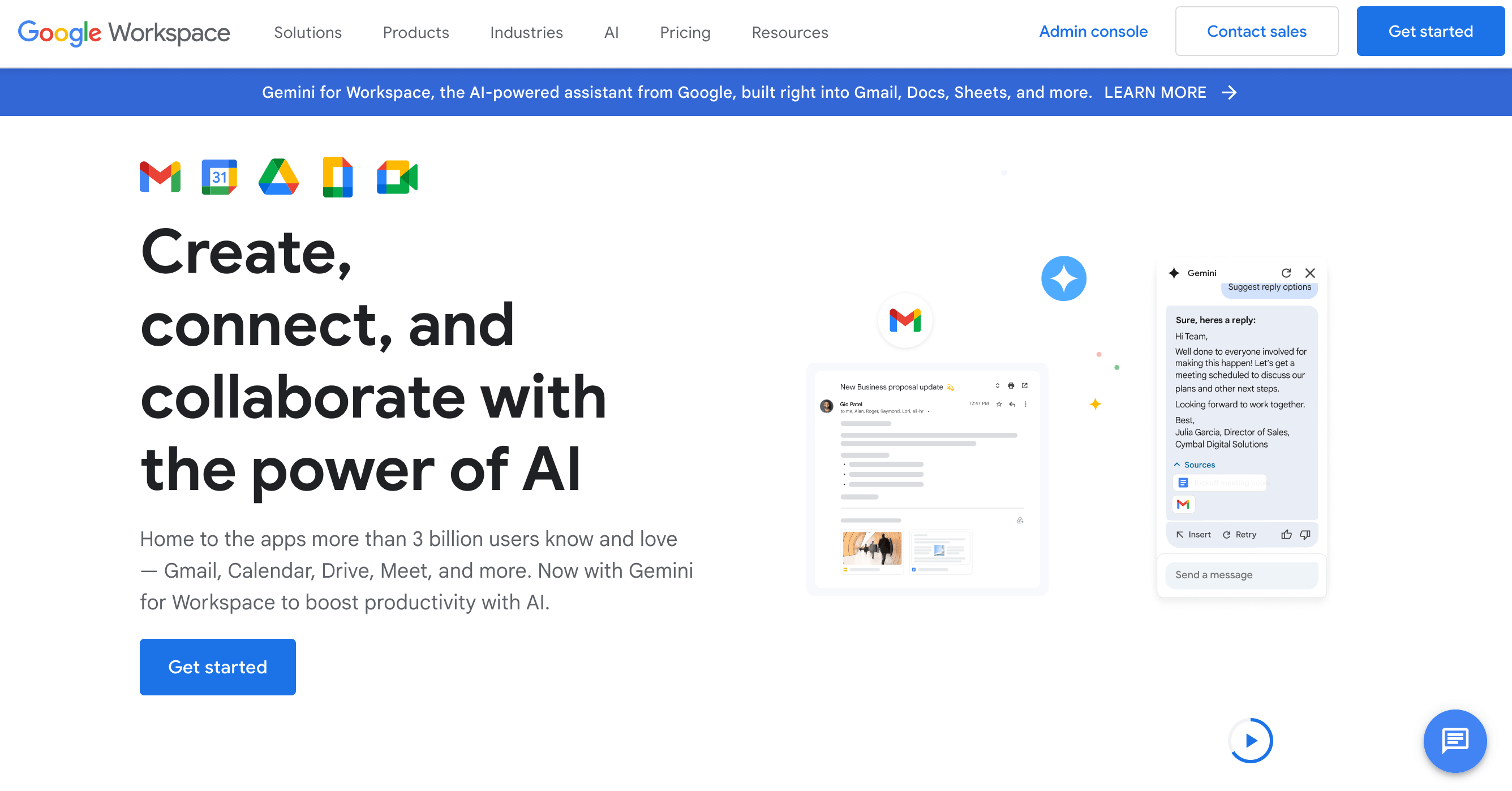 Google Workspace starting page with the headline Create, connect, and collaborate with the power of AI
