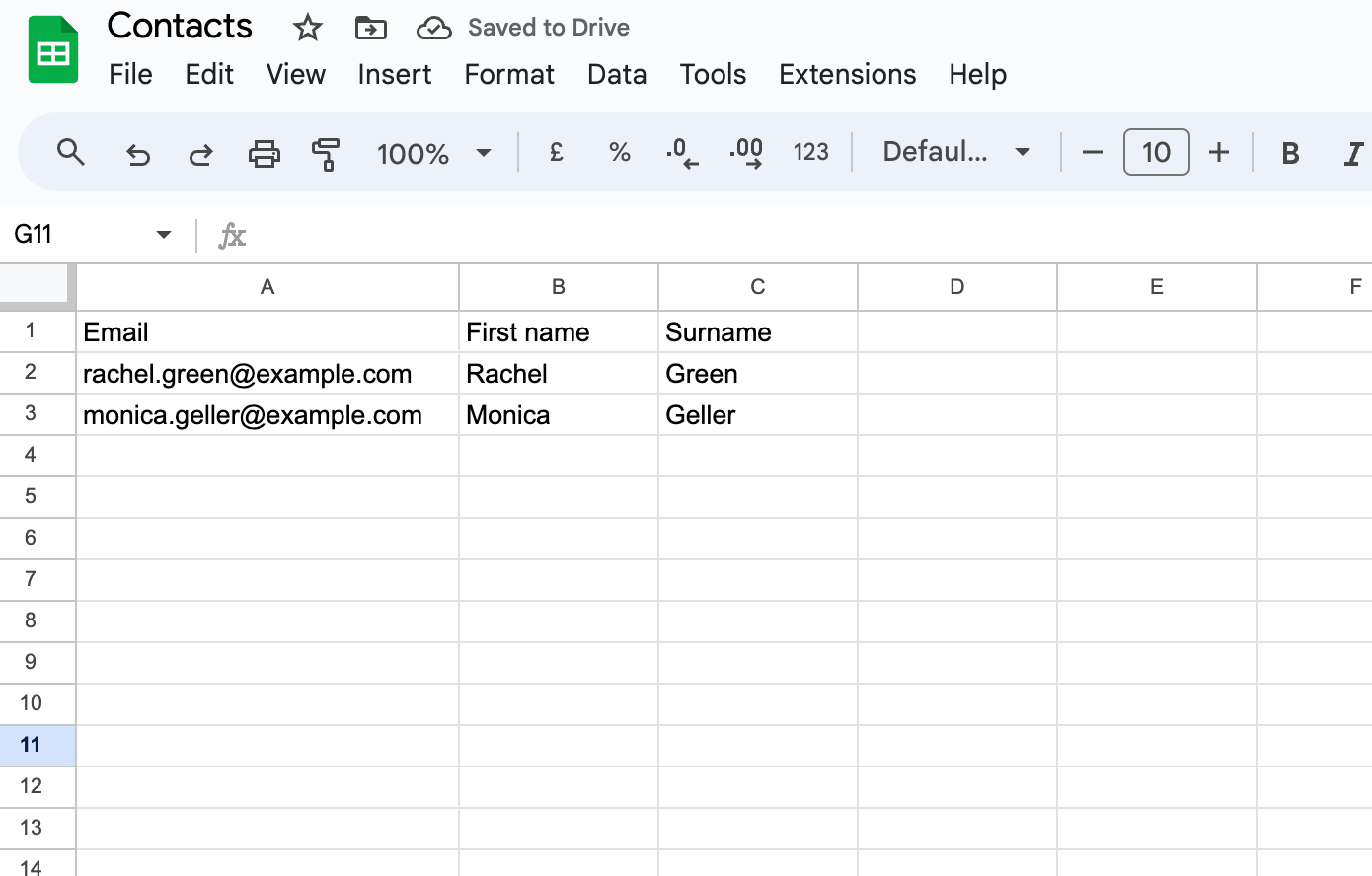 Google Sheets spreadsheet with three columns for email and first and last name, two contacts added