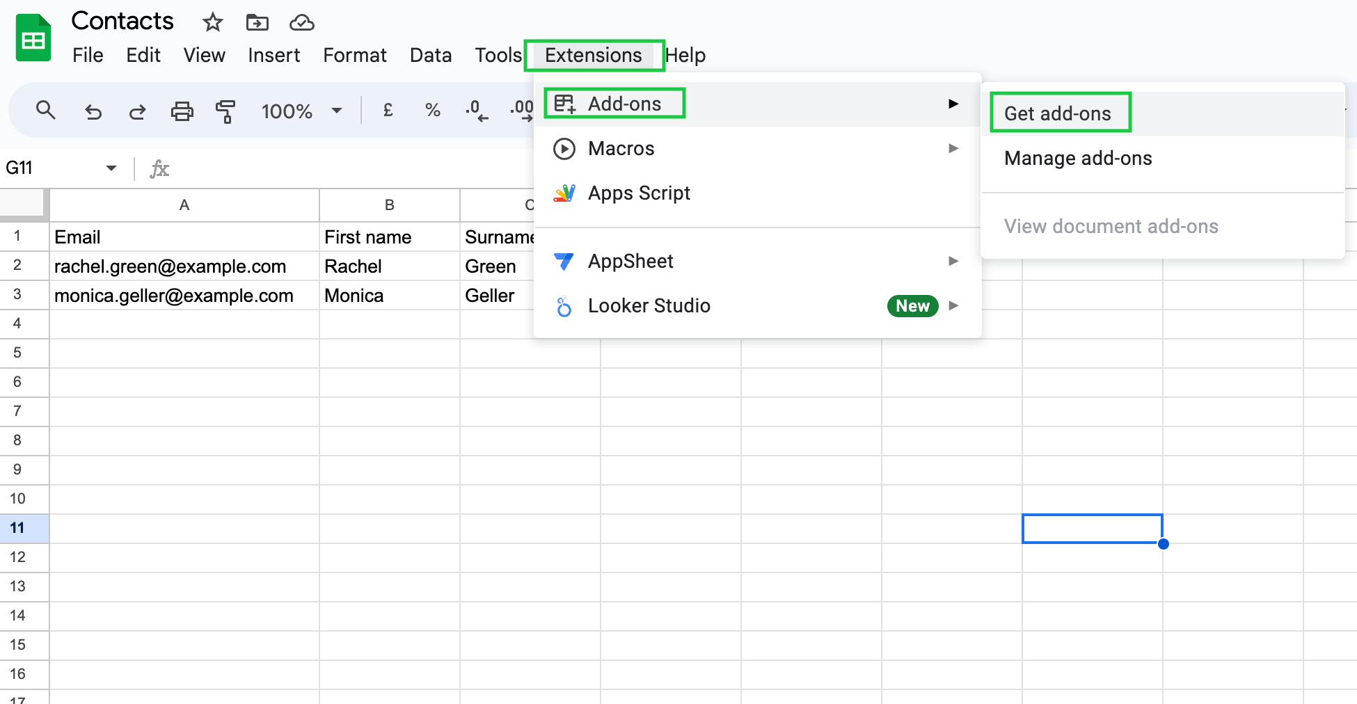 Google Sheets spreadsheet with Extensions, Add-ons, and Get add-ons options highlighted