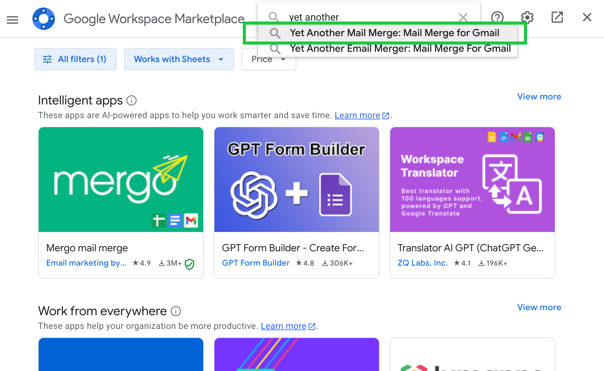 Searching for Yet Another Mail Merge add-on in the Google Workspace library of add-ons