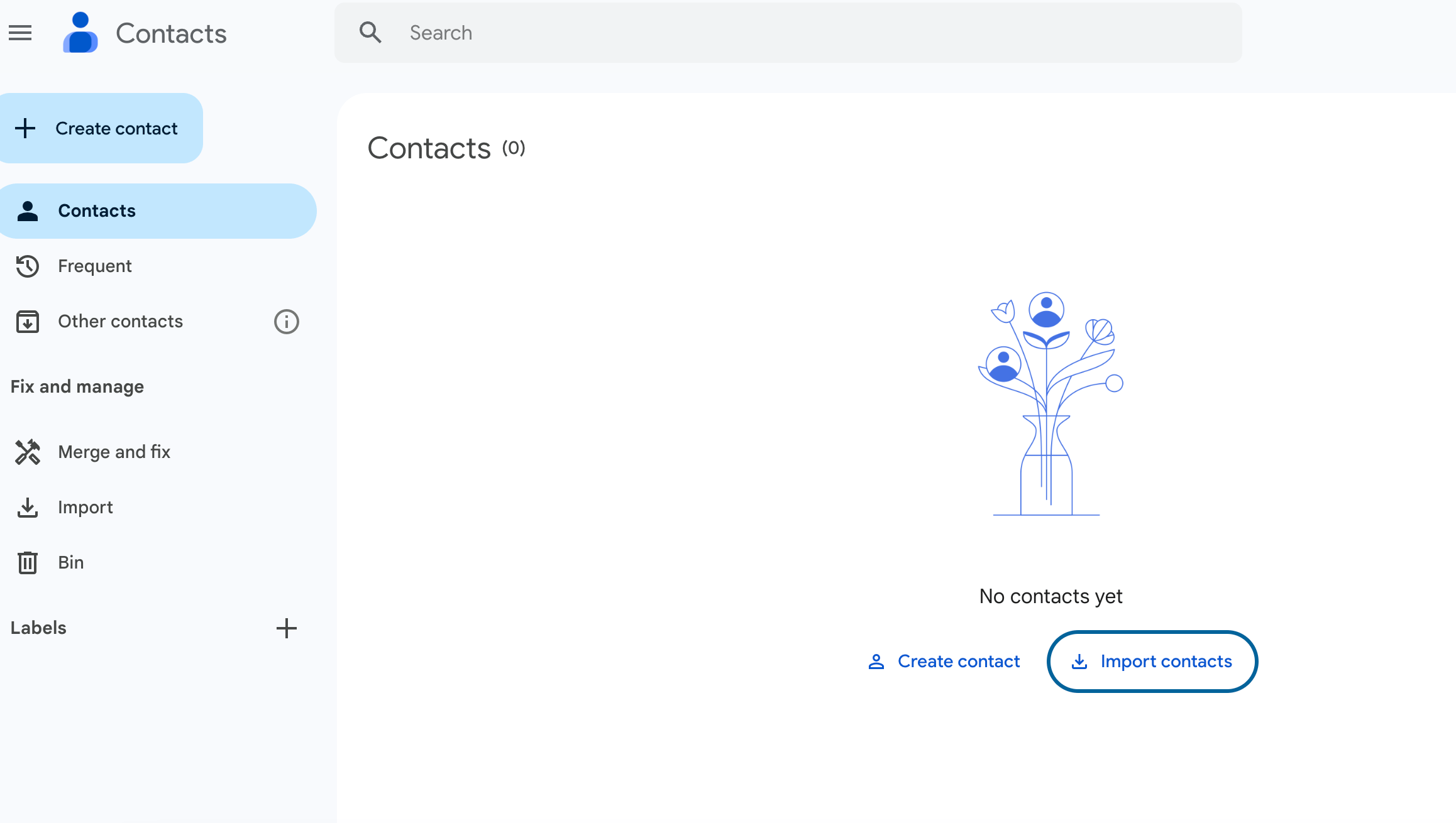 Google Contacts with no contacts featuring Create contact and Import contacts button