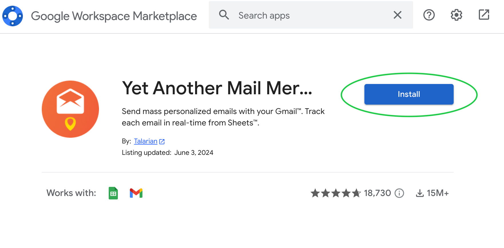 Yet Another Mail Merge add-on’s page in the add-ons library with the Install button highlighted
