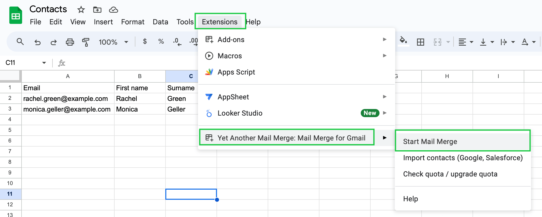 Google Sheets spreadsheet with Yet Another Mail Merge extension and the Start Mail Merge option highlighted