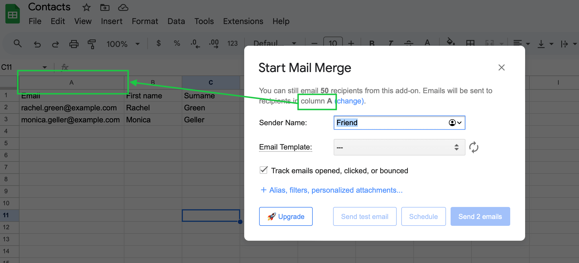 YAMM mail merge window and Google Sheets sheet with contact list. The Sender Name is set to Friend, and no Email Template selected.