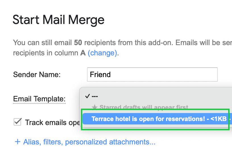 YAMM email template selection window with a template from the previous step highlighted
