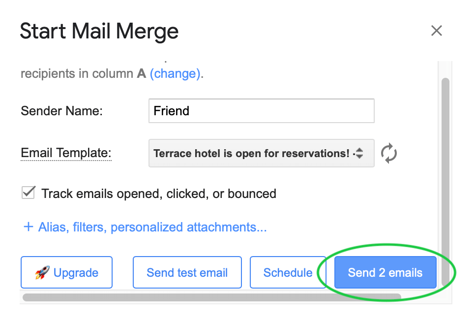 YAMM Start Mail Merge window with the Send 2 emails button selected and a tick by the option to track email opens, clicks, and bounces