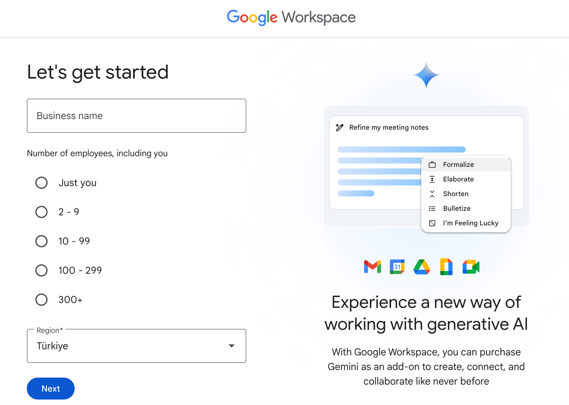 Registering for a Google Workspace account and choosing the region, business name, and the number of employees
