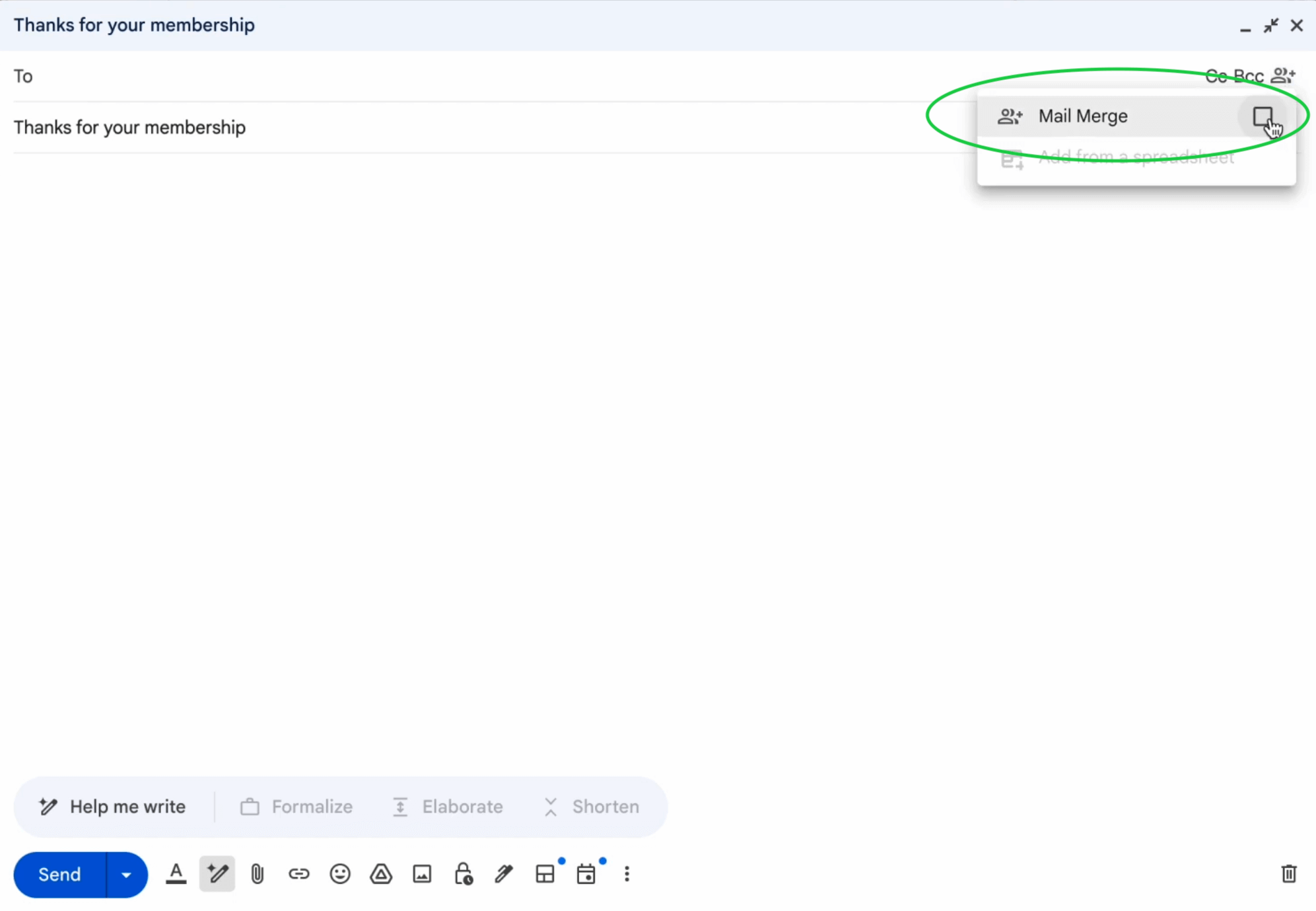 Gmail new email window with Mail Merge selected