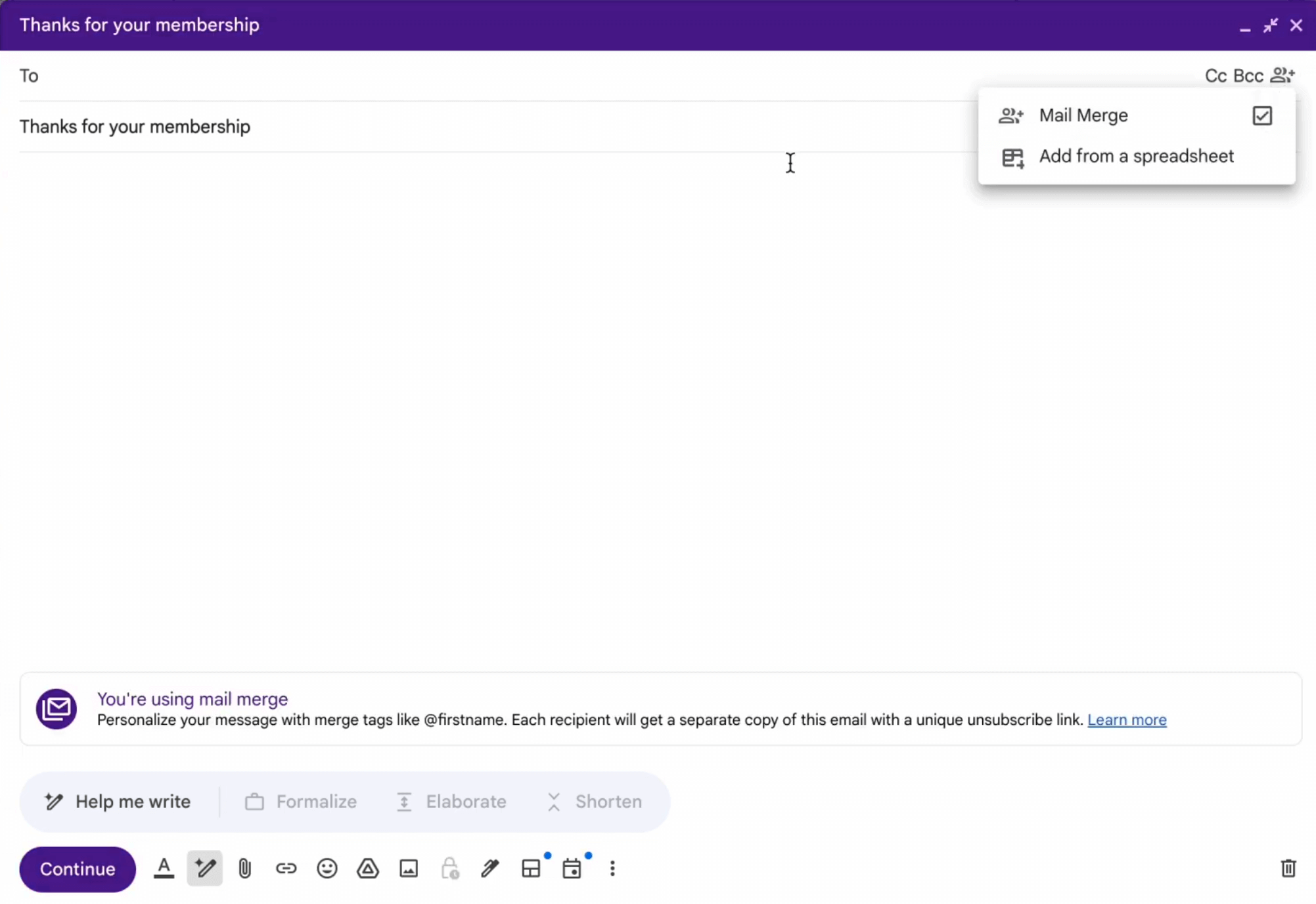 Gmail new email window with Mail Merge enabled and a notification “You’re using mail merge” at the bottom